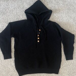 Black Hooded Sweater with Button Detail